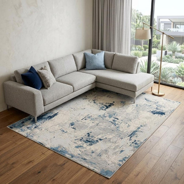 9 X 13 Blue Cream Abstract Polypropylene Area Rug Stain Resistant Modern Living