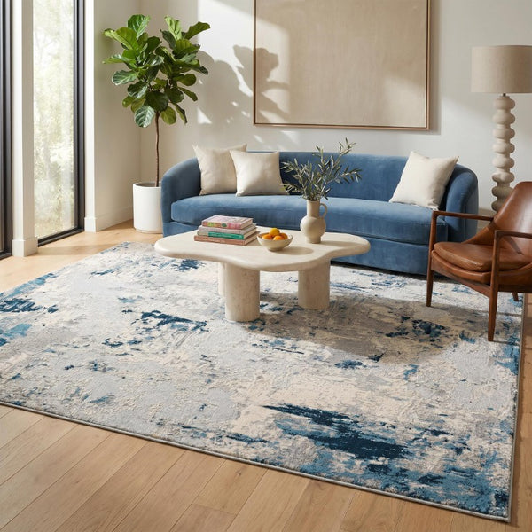 HomeRoots 9 X 13 Blue Cream Abstract Polypropylene Area Rug Stain Resistant Modern Living 734873
