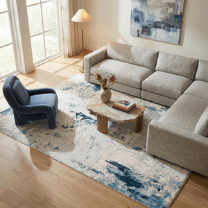 9 X 13 Blue Cream Abstract Polypropylene Area Rug Stain Resistant Modern Living