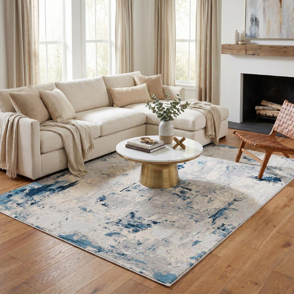 9 X 13 Blue Cream Abstract Polypropylene Area Rug Stain Resistant Modern Living