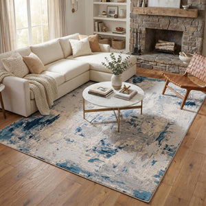 9 X 13 Blue Cream Abstract Polypropylene Area Rug Stain Resistant Modern Living