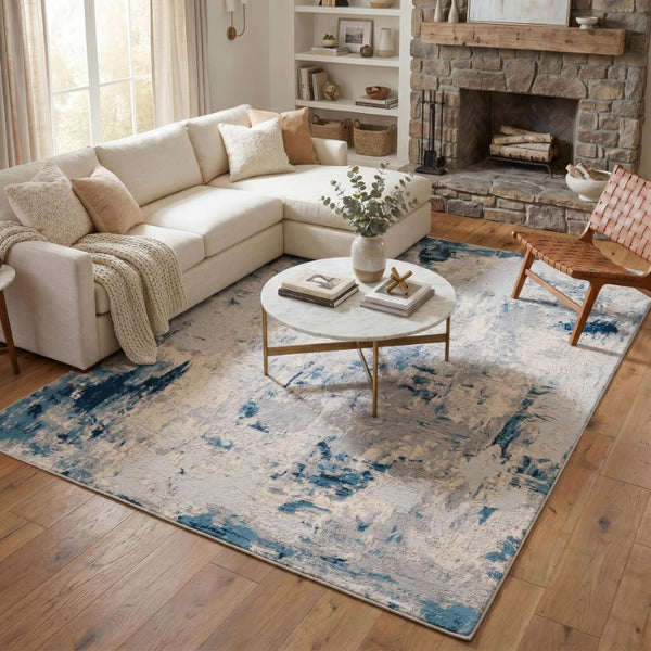 9 X 13 Blue Cream Abstract Polypropylene Area Rug Stain Resistant Modern Living