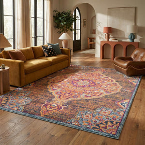 9 X 12 Abstract Area Rug in Rust and Pink Polypropylene Stain Resistant Weave