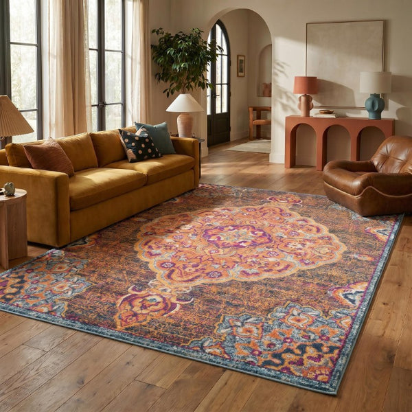 9 X 12 Abstract Area Rug in Rust and Pink Polypropylene Stain Resistant Weave