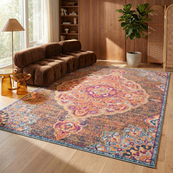 9 X 12 Abstract Area Rug in Rust and Pink Polypropylene Stain Resistant Weave