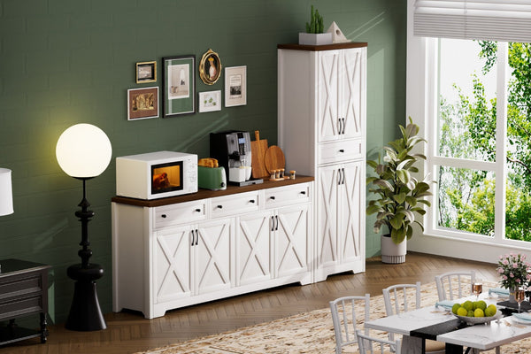 English Elm 66 Inch Entertainment Center with Tempered Glass Open Closed Storage for Living Room White+Walnut W1162P313311