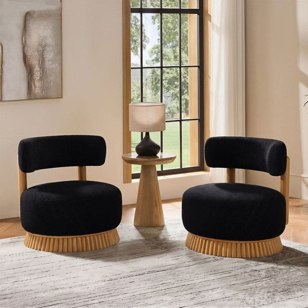 English Elm Modern Boucle Upholstered Armless Accent Chair Set with Thatched Wood Base for Living Room Black N760S0000036C