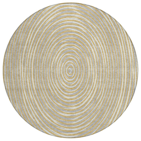 HomeRoots 8 Foot Round Geometric Polyester Area Rug in Gold and Ivory for Indoor Outdoor Use 734961