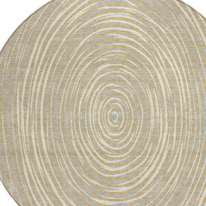 8 Foot Round Geometric Polyester Area Rug in Gold and Ivory for Indoor Outdoor Use