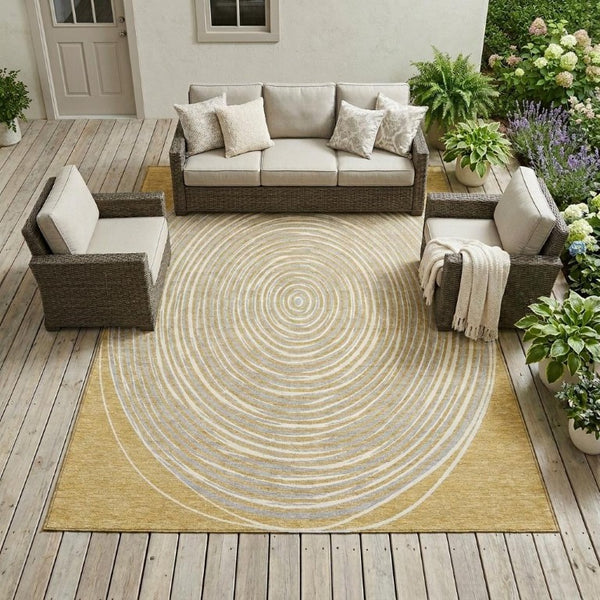 8x10 Gold Ivory Geometric Polyester Area Rug Washable Stain Resistant Indoor Outdoor