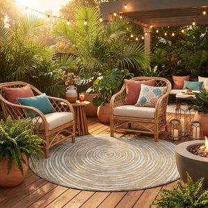 8 Foot Round Geometric Polyester Rug Washable Stain Resistant Indoor Outdoor Gray Ivory