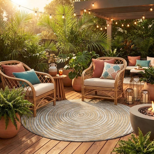 8 Foot Round Geometric Polyester Rug Washable Stain Resistant Indoor Outdoor Gray Ivory