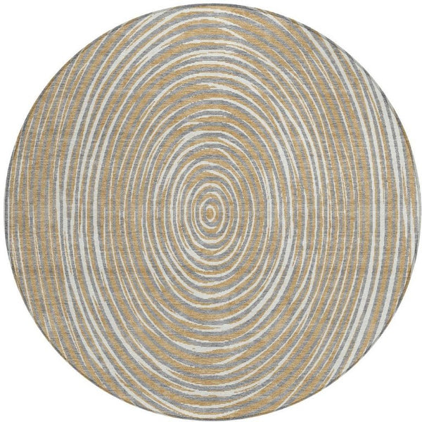 8 Foot Round Geometric Polyester Rug Washable Stain Resistant Indoor Outdoor Gray Ivory