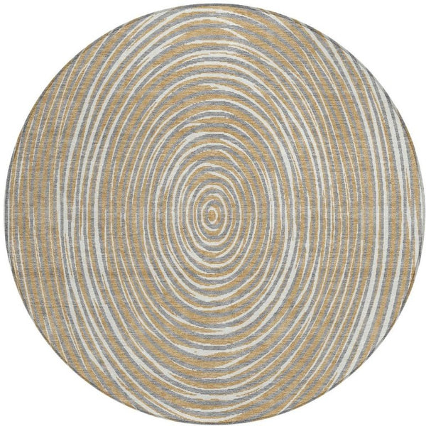 8 Foot Round Geometric Polyester Rug Washable Stain Resistant Indoor Outdoor Gray Ivory