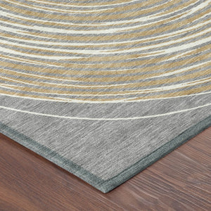 8 Foot Round Geometric Polyester Rug Washable Stain Resistant Indoor Outdoor Gray Ivory
