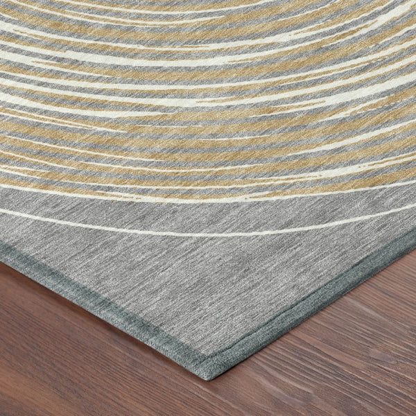 8 Foot Round Geometric Polyester Rug Washable Stain Resistant Indoor Outdoor Gray Ivory