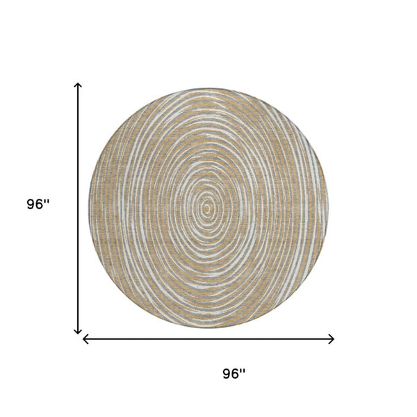 8 Foot Round Geometric Polyester Rug Washable Stain Resistant Indoor Outdoor Gray Ivory