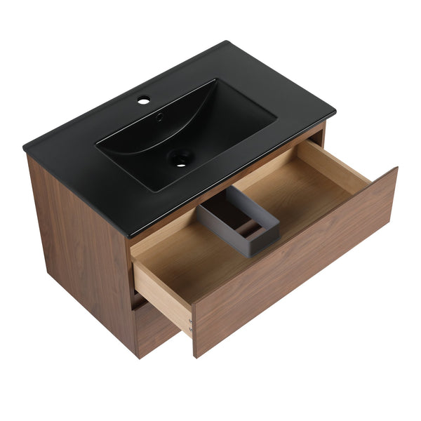 English Elm 30" Wall-Mounted Bathroom Vanity With Black Ceramic Sink & Soft-Close Drawers For Modern Spaces W999S00195