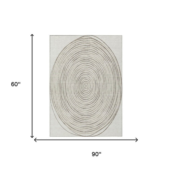 5 X 8 Ivory Beige Geometric Polyester Area Rug Washable for Indoor Outdoor Use