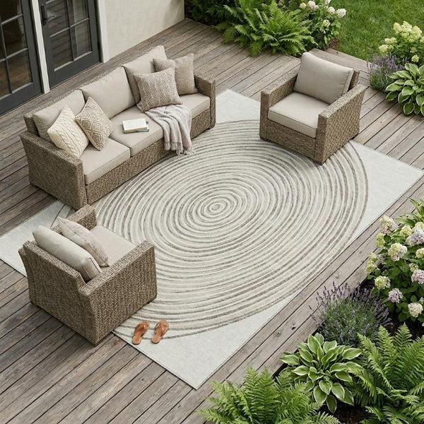 10 X 14 Geometric Ivory Beige Polyester Washable Rug for Patio Porch or Living Room