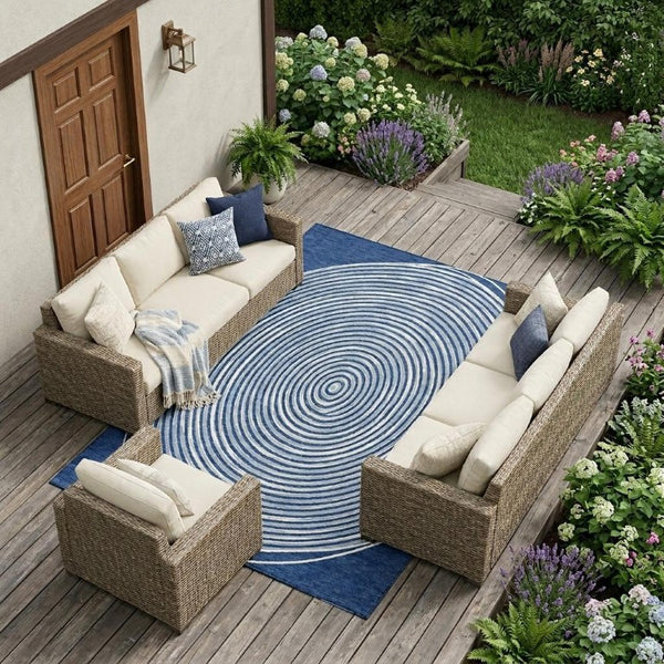 8 X 10 Navy Ivory Geometric Polyester Area Rug Washable for Patio and Living Room
