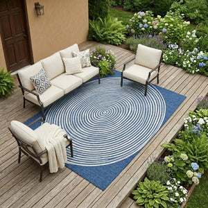 9 X 12 Navy Ivory Geometric Polyester Area Rug Stain Resistant for Patio or Living Room