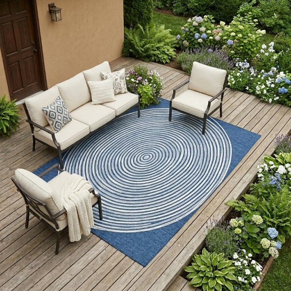 9 X 12 Navy Ivory Geometric Polyester Area Rug Stain Resistant for Patio or Living Room