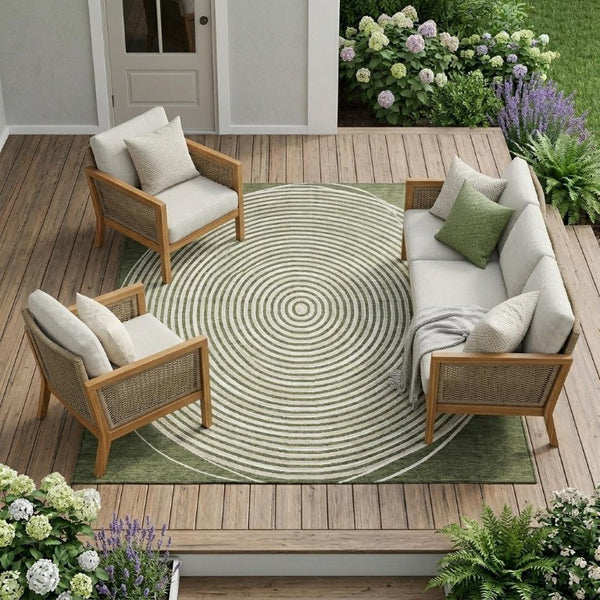 10 Ft X 14 Ft Geometric Polyester Area Rug Washable Indoor Outdoor Olive Ivory