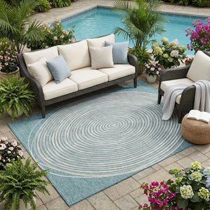 5 X 8 Teal Ivory Geometric Polyester Area Rug Washable Stain Resistant Indoor Outdoor