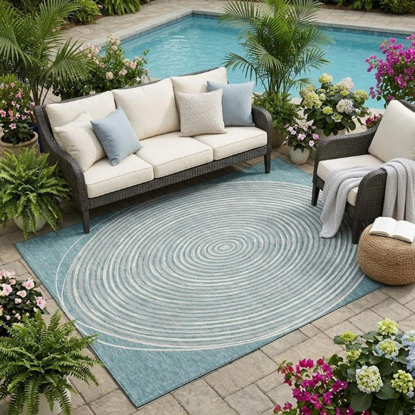 5 X 8 Teal Ivory Geometric Polyester Area Rug Washable Stain Resistant Indoor Outdoor