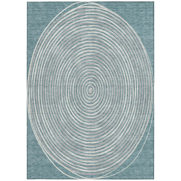 5 X 8 Teal Ivory Geometric Polyester Area Rug Washable Stain Resistant Indoor Outdoor