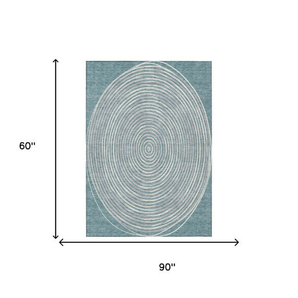 5 X 8 Teal Ivory Geometric Polyester Area Rug Washable Stain Resistant Indoor Outdoor