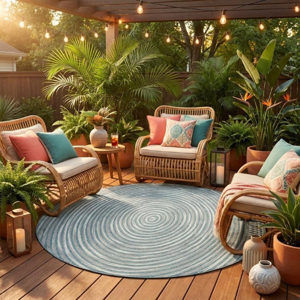 8 Ft Round Geometric Polyester Area Rug Washable Teal Ivory Indoor Outdoor