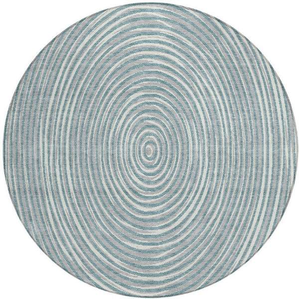 HomeRoots 8 Ft Round Geometric Polyester Area Rug Washable Teal Ivory Indoor Outdoor 734997