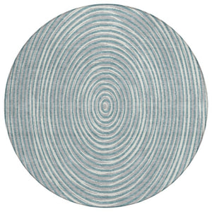 8 Ft Round Geometric Polyester Area Rug Washable Teal Ivory Indoor Outdoor