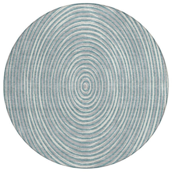 8 Ft Round Geometric Polyester Area Rug Washable Teal Ivory Indoor Outdoor