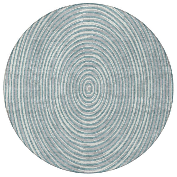 8 Ft Round Geometric Polyester Area Rug Washable Teal Ivory Indoor Outdoor