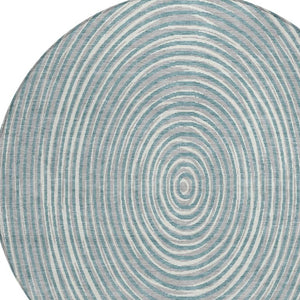 8 Ft Round Geometric Polyester Area Rug Washable Teal Ivory Indoor Outdoor