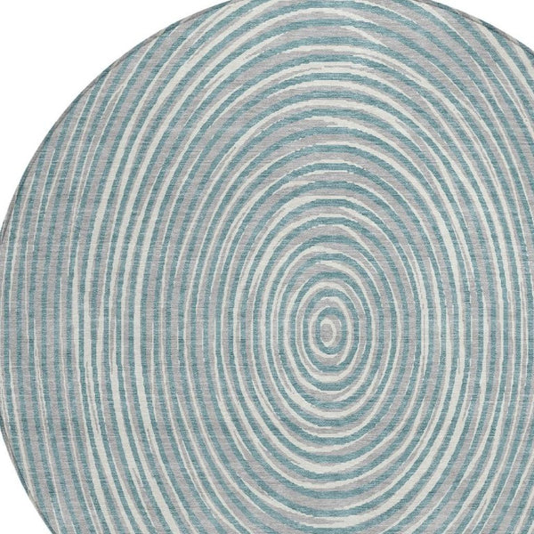 8 Ft Round Geometric Polyester Area Rug Washable Teal Ivory Indoor Outdoor