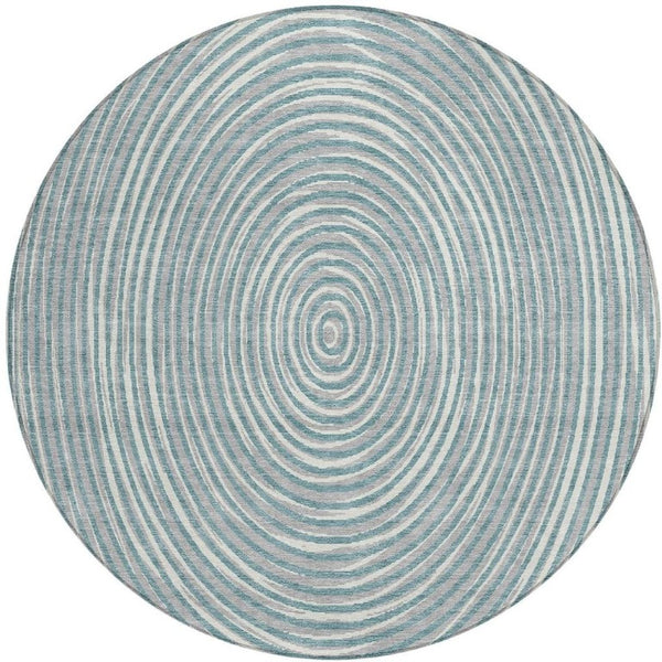 8 Ft Round Geometric Polyester Area Rug Washable Teal Ivory Indoor Outdoor