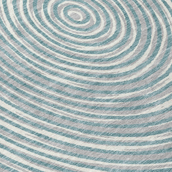 8 Ft Round Geometric Polyester Area Rug Washable Teal Ivory Indoor Outdoor
