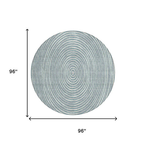 8 Ft Round Geometric Polyester Area Rug Washable Teal Ivory Indoor Outdoor