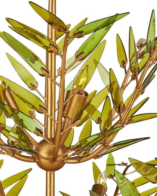 Currey & Company Babylon Chandelier - Elegant Bowl Design With Recycled Glass Leaves In Contemporary Gold Finish Green Recycled Bottle Glass ,Wrought Iron 9000-1310-currey-company