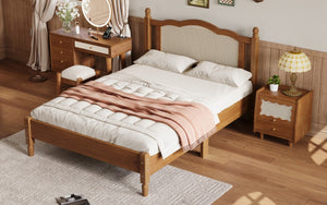 English Elm Full Size Walnut Platform Bed with Arched Rattan Headboard for Coastal Bohemian Rooms N733P180014D