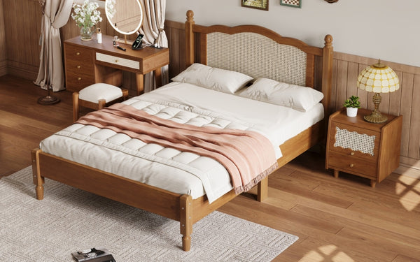 English Elm Full Size Walnut Platform Bed with Arched Rattan Headboard for Coastal Bohemian Rooms N733P180014D