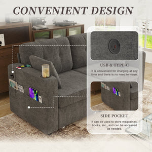 English Elm Sofas for Living Room Chenille Three Seat Couch with Usb Charging Storage and Cup Holder Gray W395S00143