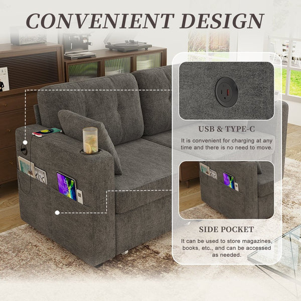 English Elm Sofas for Living Room Chenille Three Seat Couch with Usb Charging Storage and Cup Holder Gray W395S00143