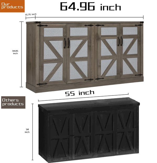 English Elm 65-Inch Slate Gray 3D Faux Rattan Sideboard with Barn-Style Doors, Magnetic Closure & Adjustable Shelves Stone Gray W2702P184395