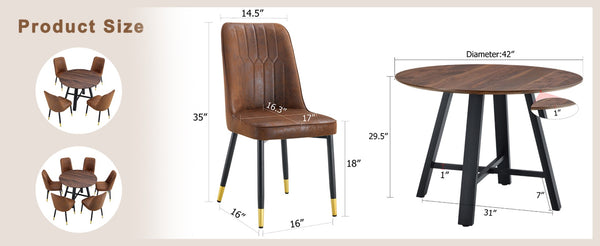 English Elm Table & 4 Chairs Set - Modern Minimalist 42" Round Dining Table With Deep Walnut Top & Techno-Fabric Seating W1151S03749-GIGA