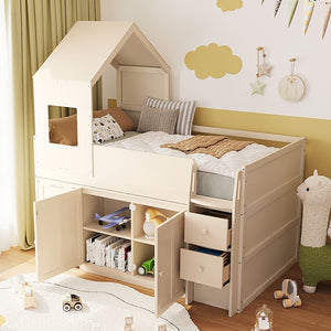 English Elm Twin House Loft Bed with Pull Out Rolling Desk Stair Drawers and Cabinet Storage Beige N820S00072A